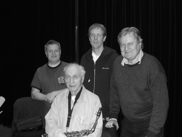 Arne Domnérus Q: Jocke Ekberg, Arne, Hans and Kjell Öhman CD-recording at Swedish Radio, Stockholm 2004. Photo: Nilla Domnérus