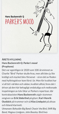 "Parker's Mood" nominated as the tribute-album of the year in Lira/Swedish Music magazine